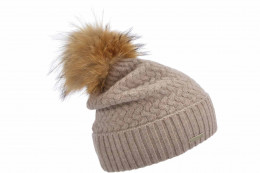 Strickmütze mit Aufschlag und besonderem Zopfmuster und Echtfellpompom 19477-0